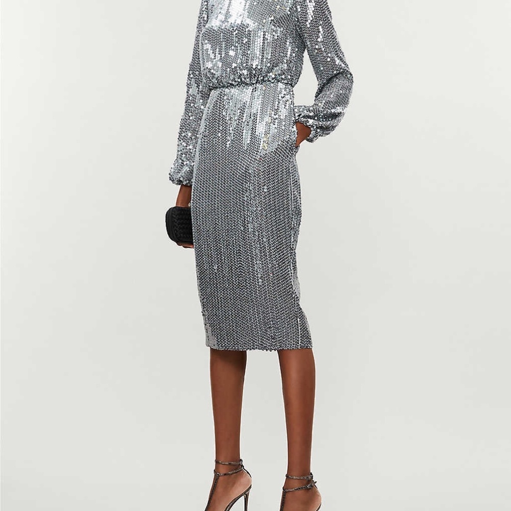 Ted Baker Ophllia Long Sleeve Gunmetal Silver Sequin Midi Dress Size 8-10